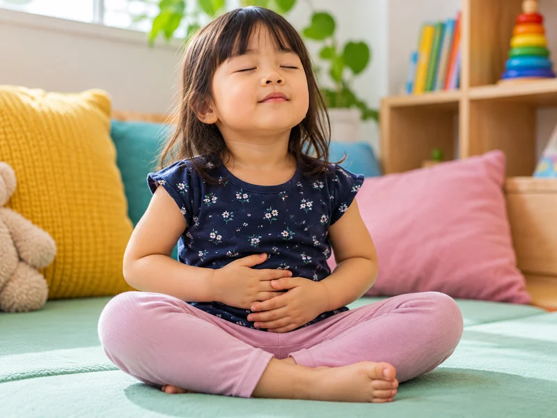 A young child doing a breathing exercise on a mat