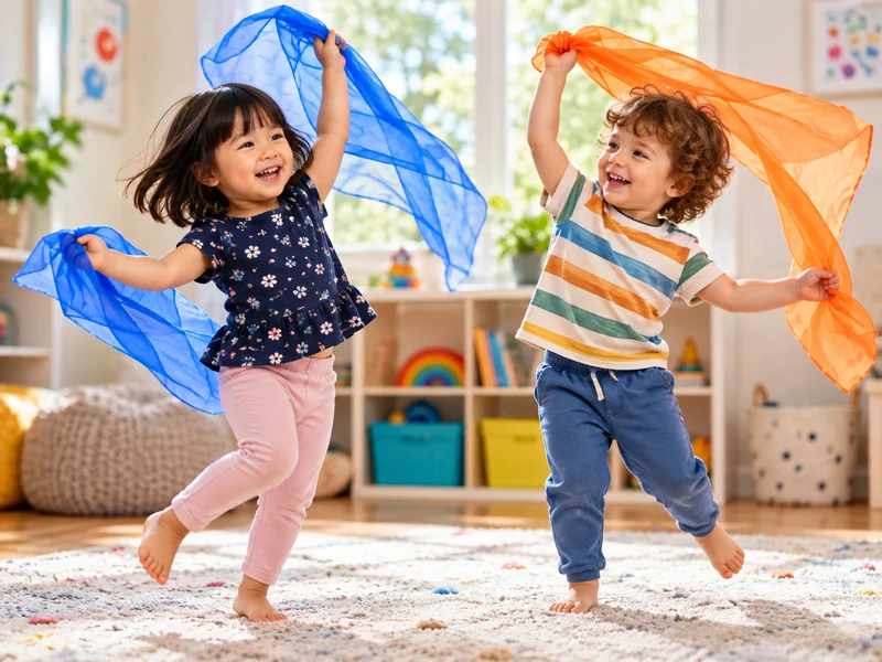 Two young children dancing with colourful scarves